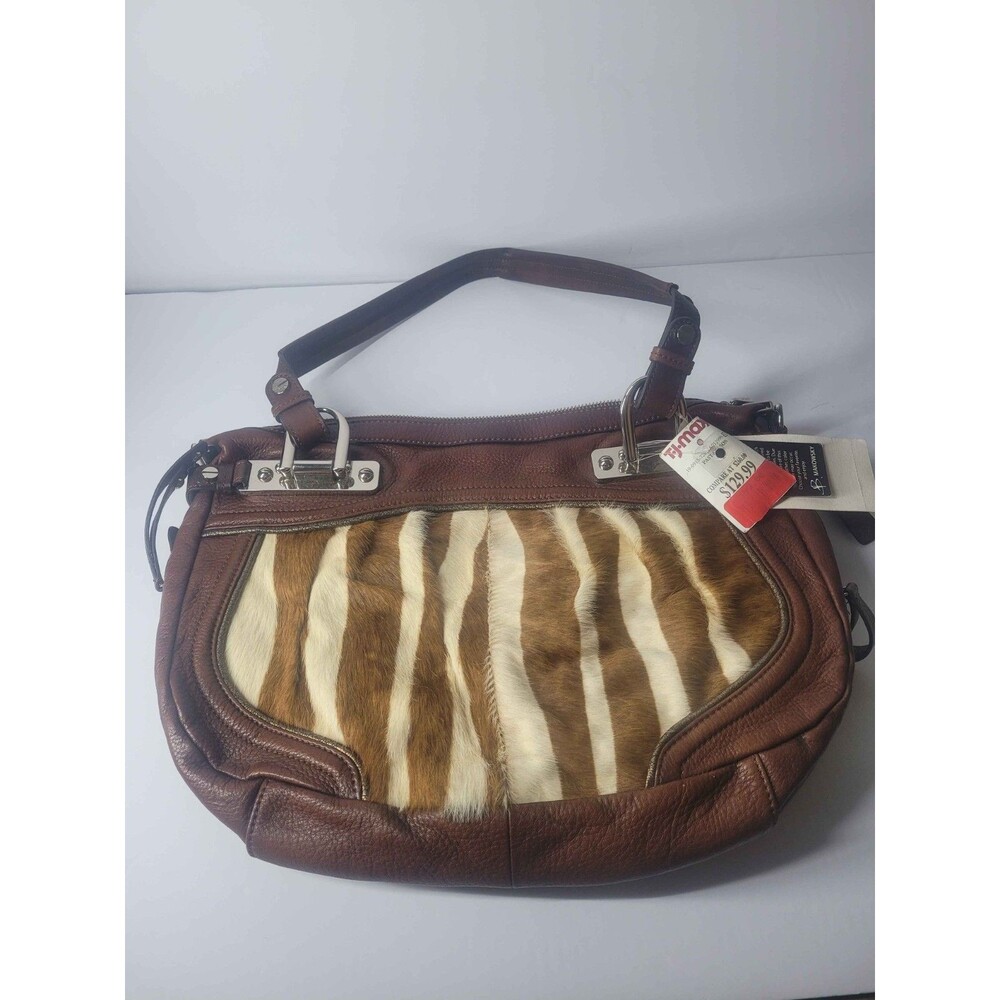 B. Makowsky Leather Calf Hair Animal Print Brown Handbag Purse - NEW